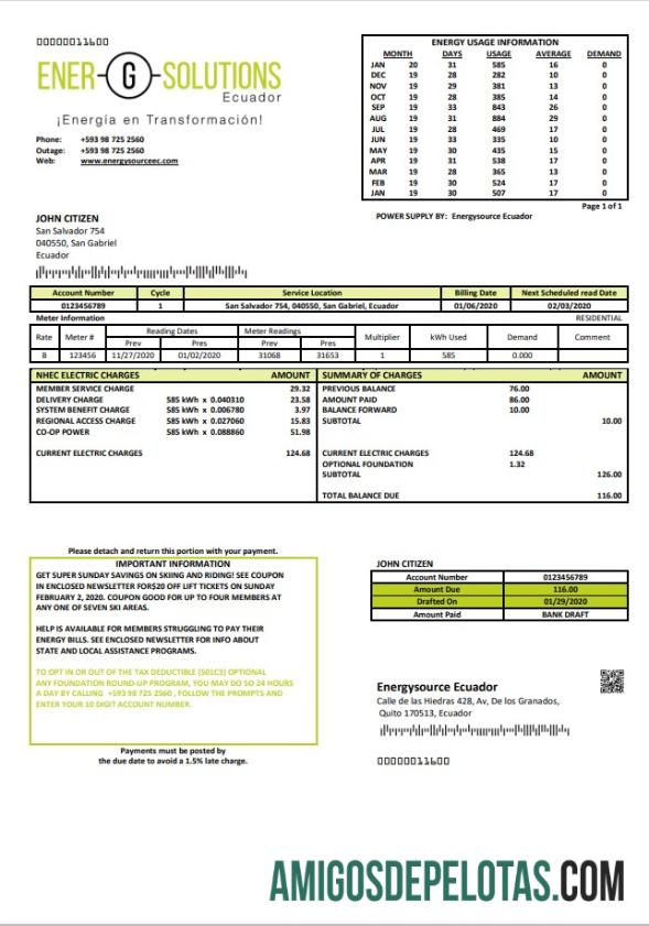 realista Modelo de conta de serviços públicos de energia do Equador Energysource Equador em formato Word e PDF
